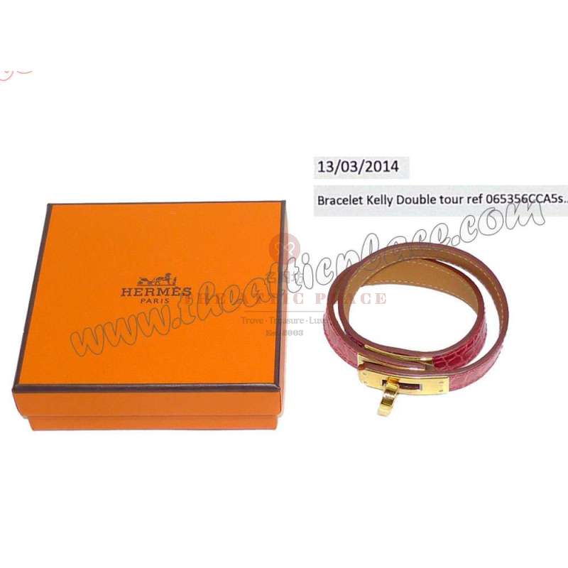 Hermes Alligator Leather Coral Pink Kelly Double Tour S Size Q Stamp Gold Hardware-0