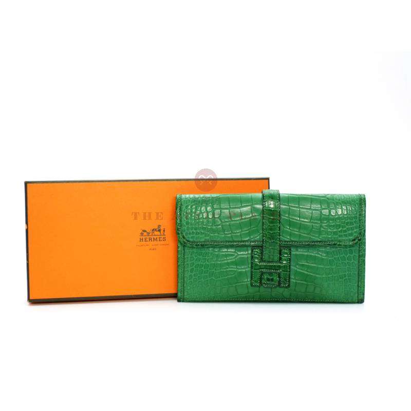 Hermes Cactus Green Alligator Matte Jige Elan 22cm X Stamp Clutch Bag